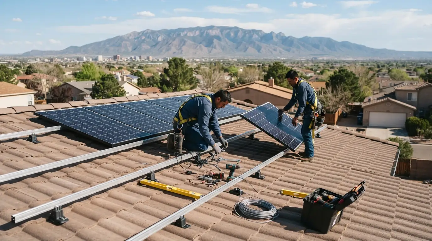 Solar panels removed and stacked beside a roof being replaced in Albuquerque