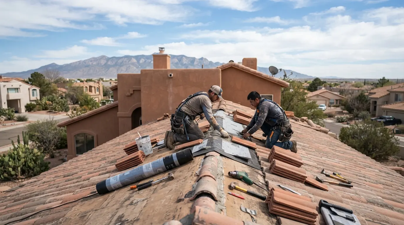 Roofer tarping a storm-damaged roof in Albuquerque