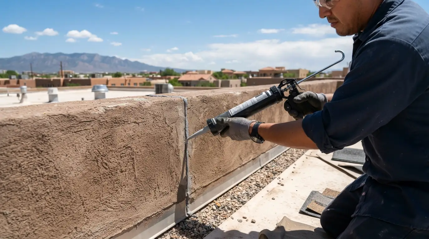 Stucco parapet crack sealing on a roof in Albuquerque, NM