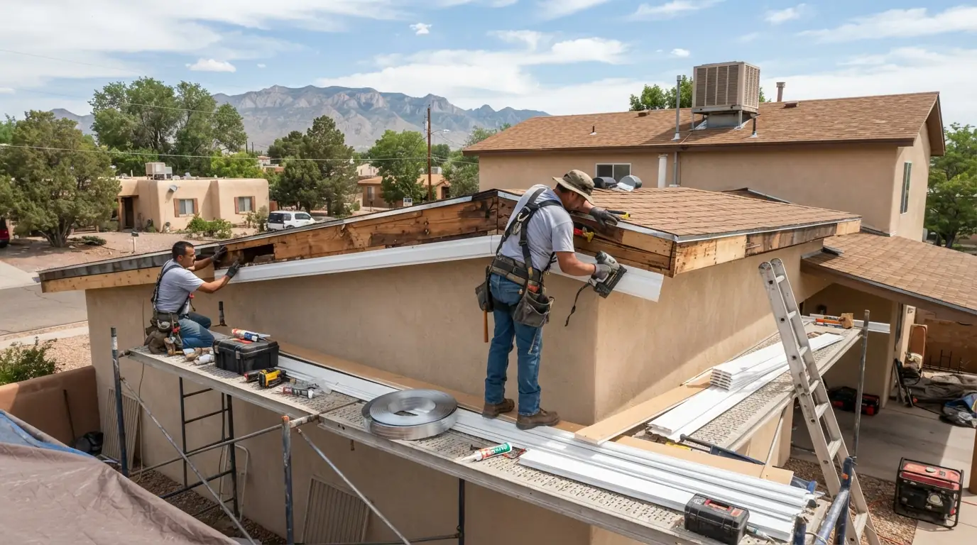 Roofer replacing rotted fascia board at a roof edge in Albuquerque