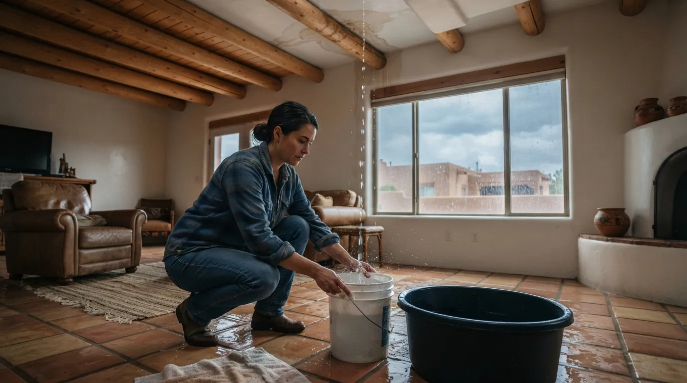 Bucket catching a ceiling drip during a monsoon storm