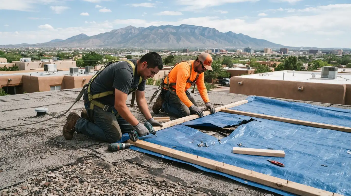 Emergency roof tarping on a roof in Albuquerque, NM