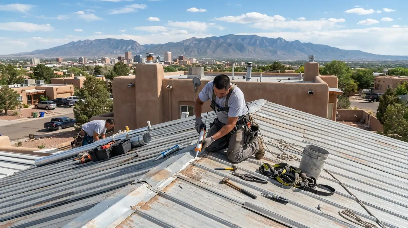 Roofer replacing screws on a metal panel roof in Albuquerque