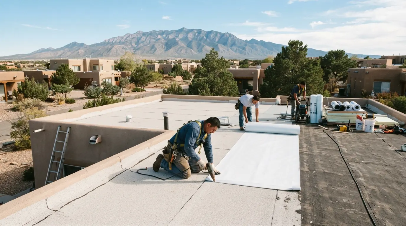 Old flat roof being torn off before replacement in Albuquerque