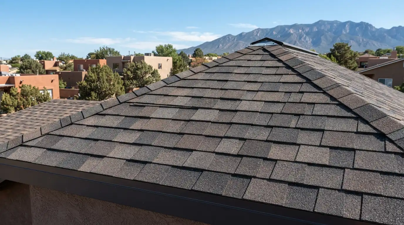 Architectural shingles on a roof in Albuquerque, NM