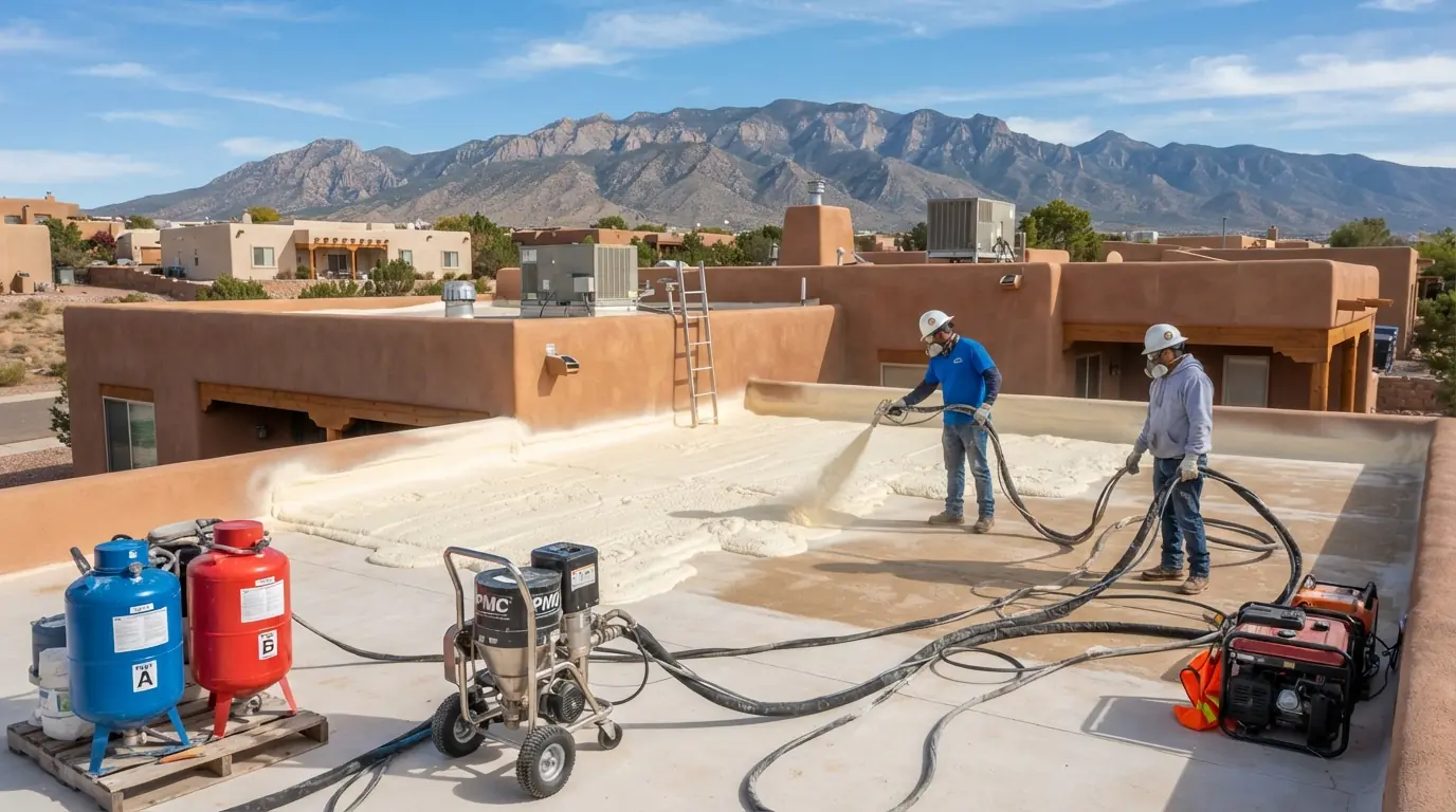 Spray foam being applied to a flat roof in Albuquerque