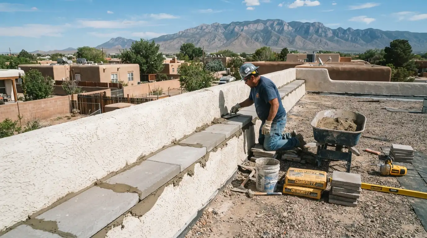 Roofer repairing a stucco parapet cap on an Albuquerque flat roof