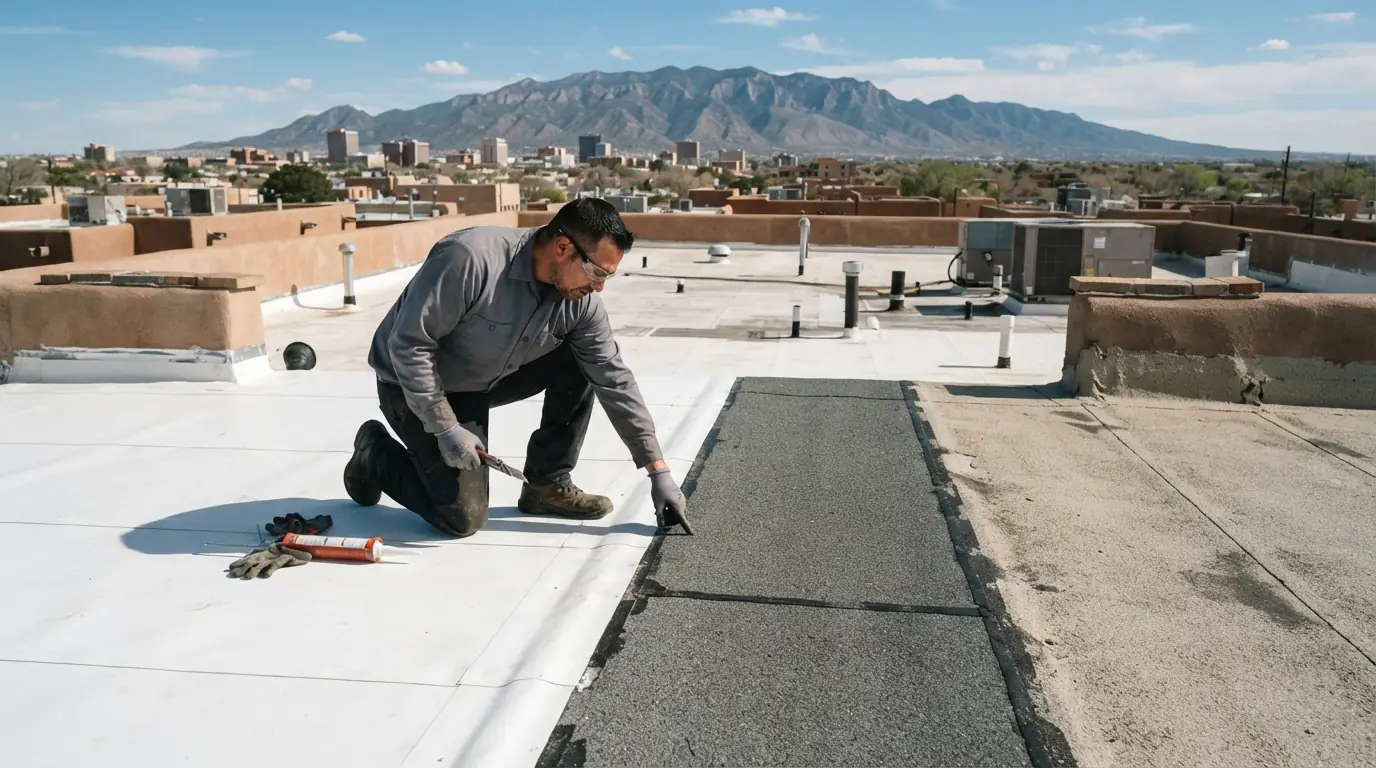 White TPO membrane next to a granulated modified bitumen roof