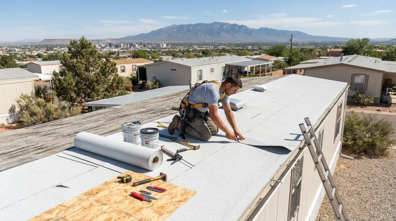 Roof-over being installed on a manufactured home in Albuquerque