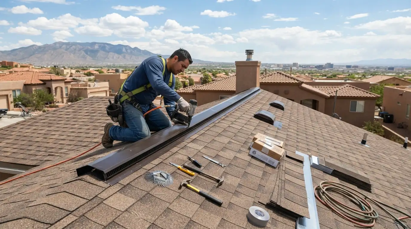 Ridge vent being installed along the peak of an Albuquerque roof