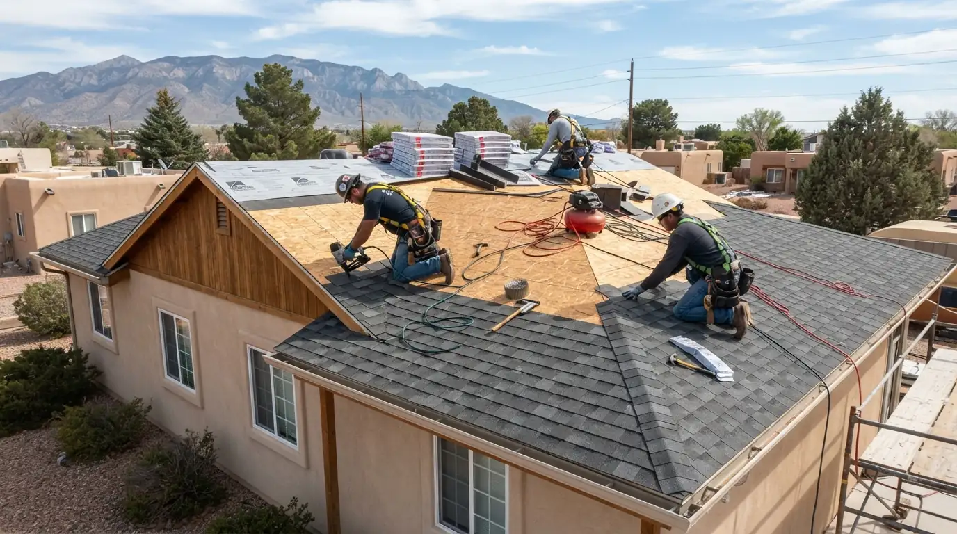 Architectural asphalt shingles being installed on an Albuquerque home