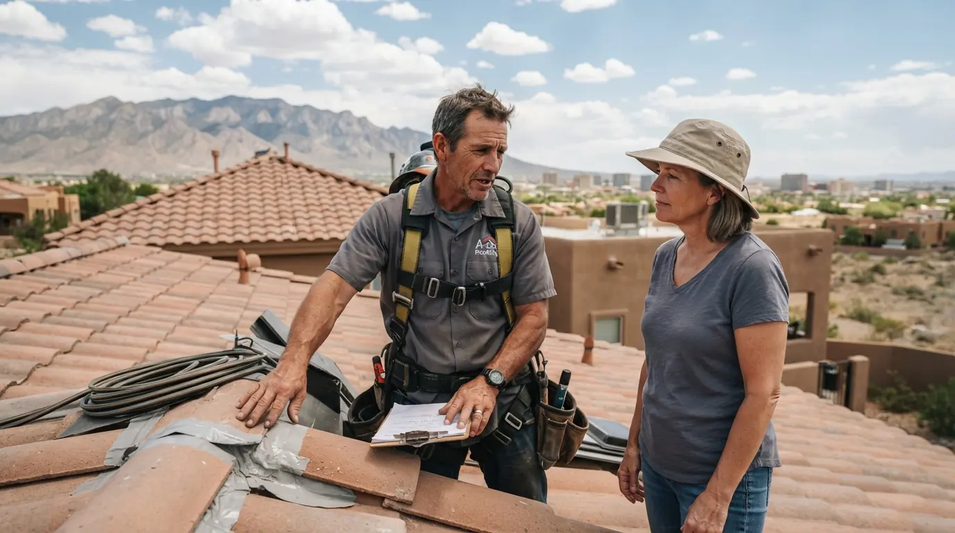 Roofer showing a homeowner photos of their roof on a tablet