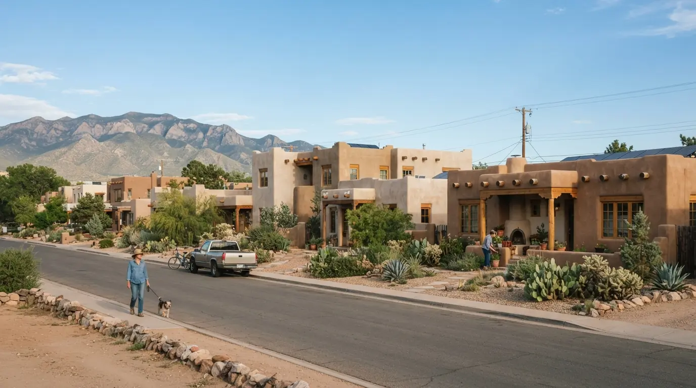 Stucco homes with flat roofs and parapets in Albuquerque
