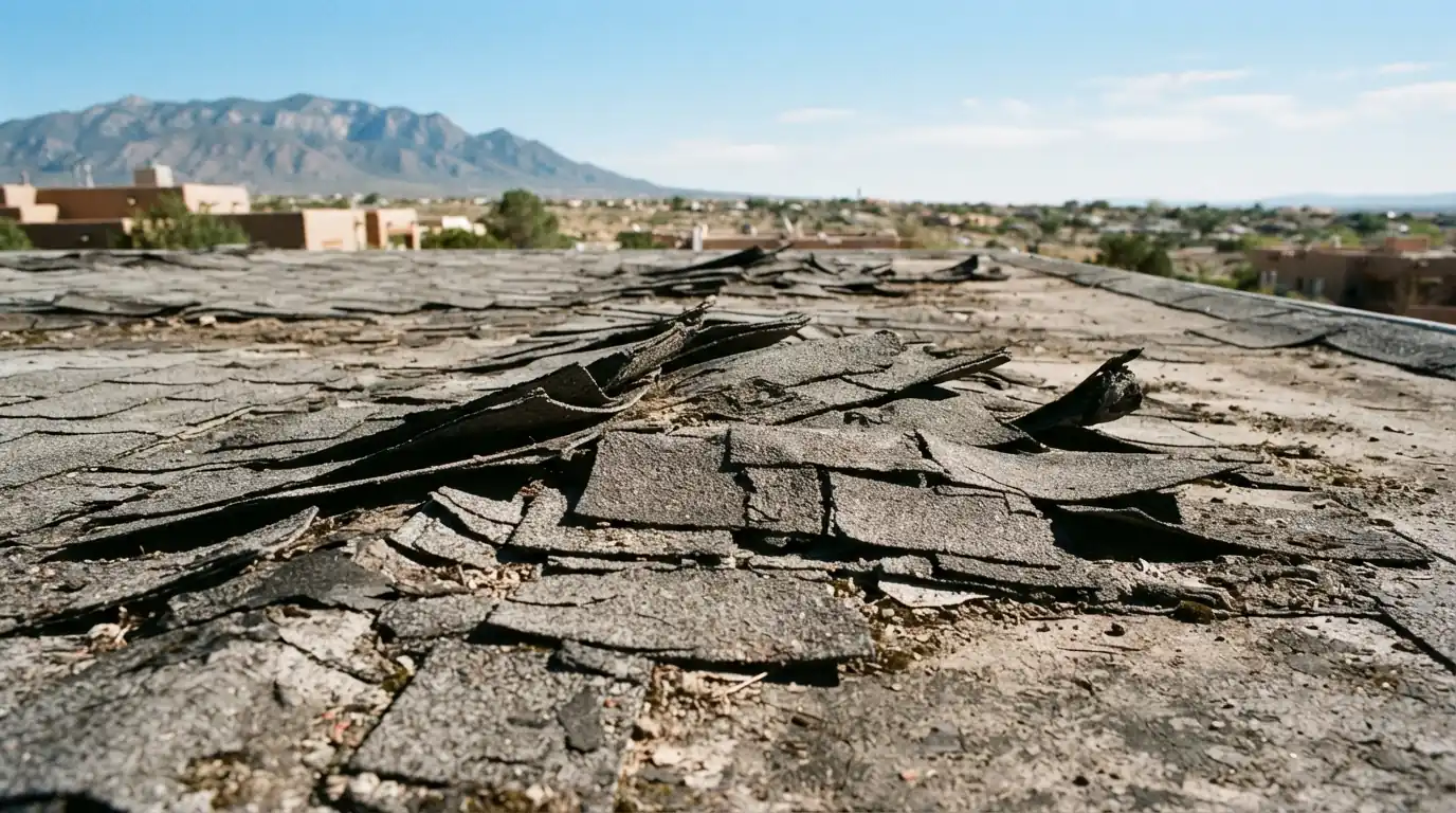 Cracked and curled shingles on a roof in Albuquerque, NM