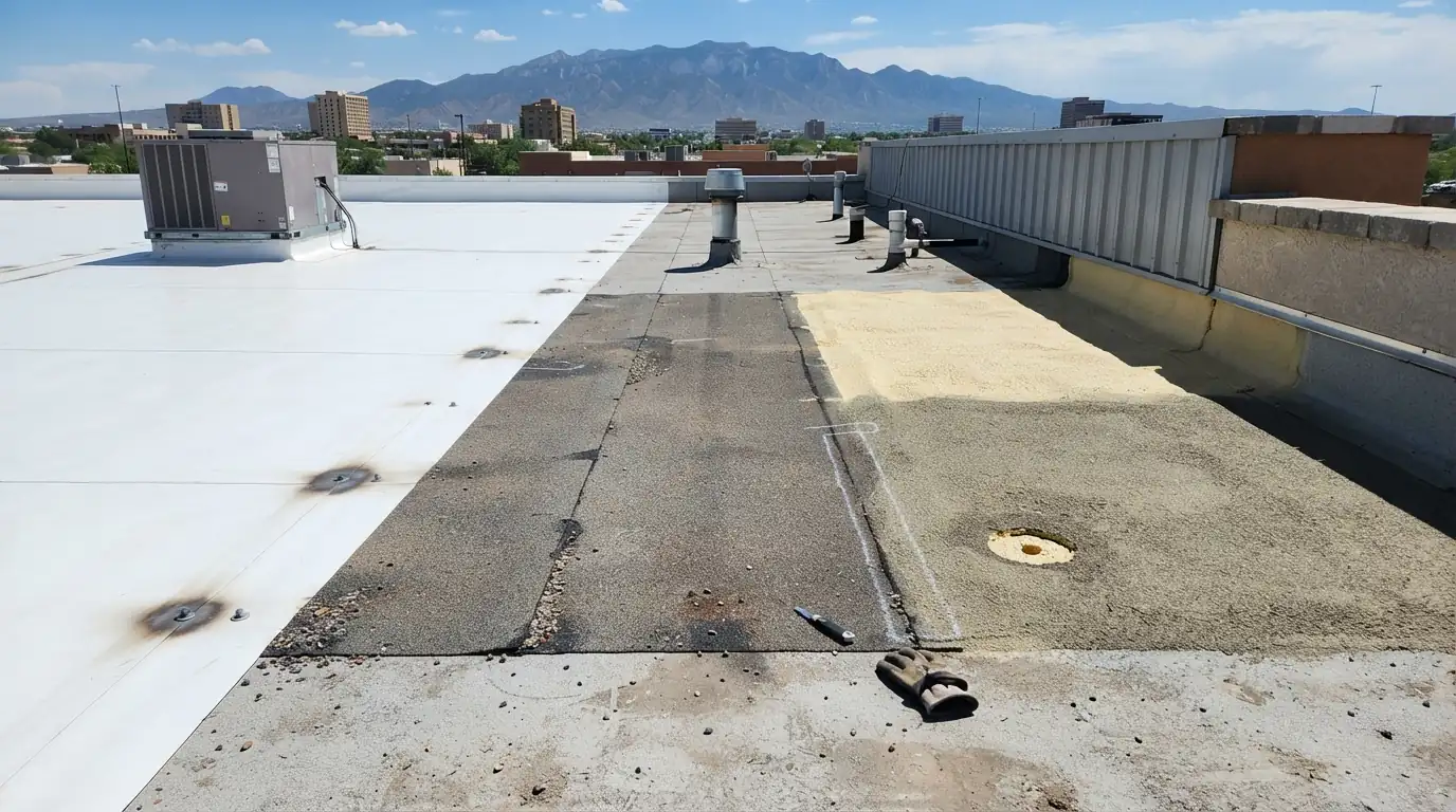 Spray foam roof with a white topcoat around a swamp cooler curb