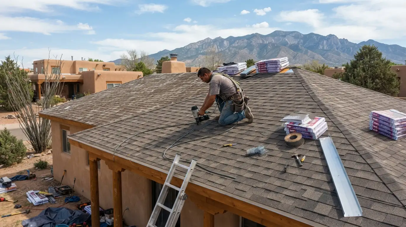 Roofer replacing wind-damaged shingles on an Albuquerque roof