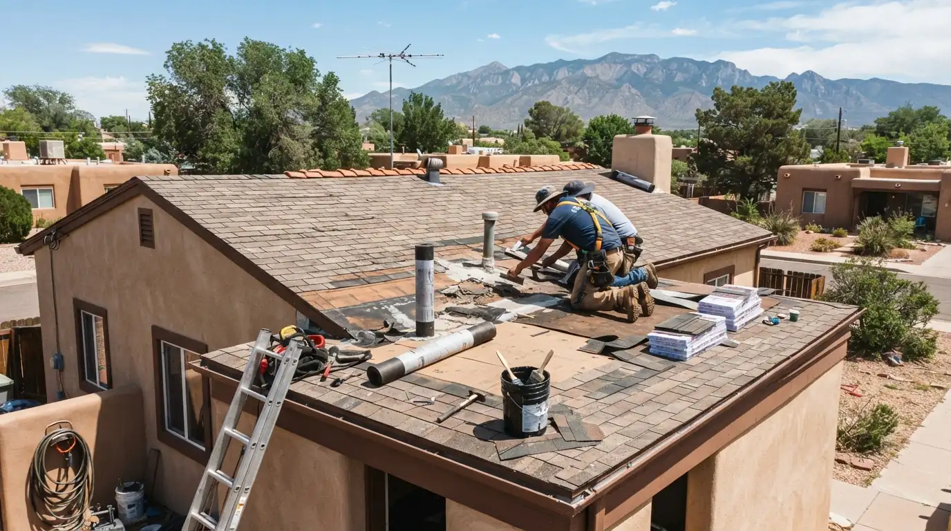 Roofer tracing a leak on an Albuquerque roof with a moisture meter