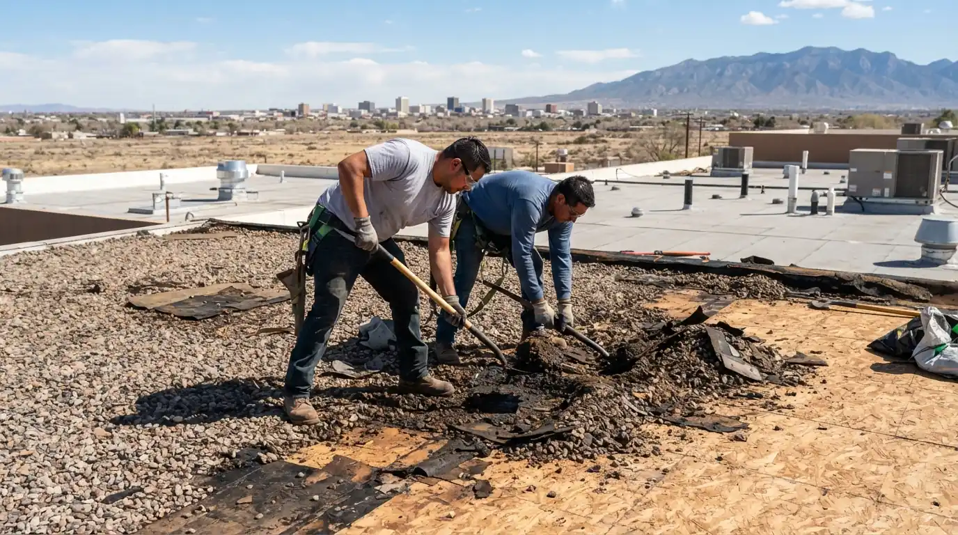 Tar and gravel tear-off on a roof in Albuquerque, NM