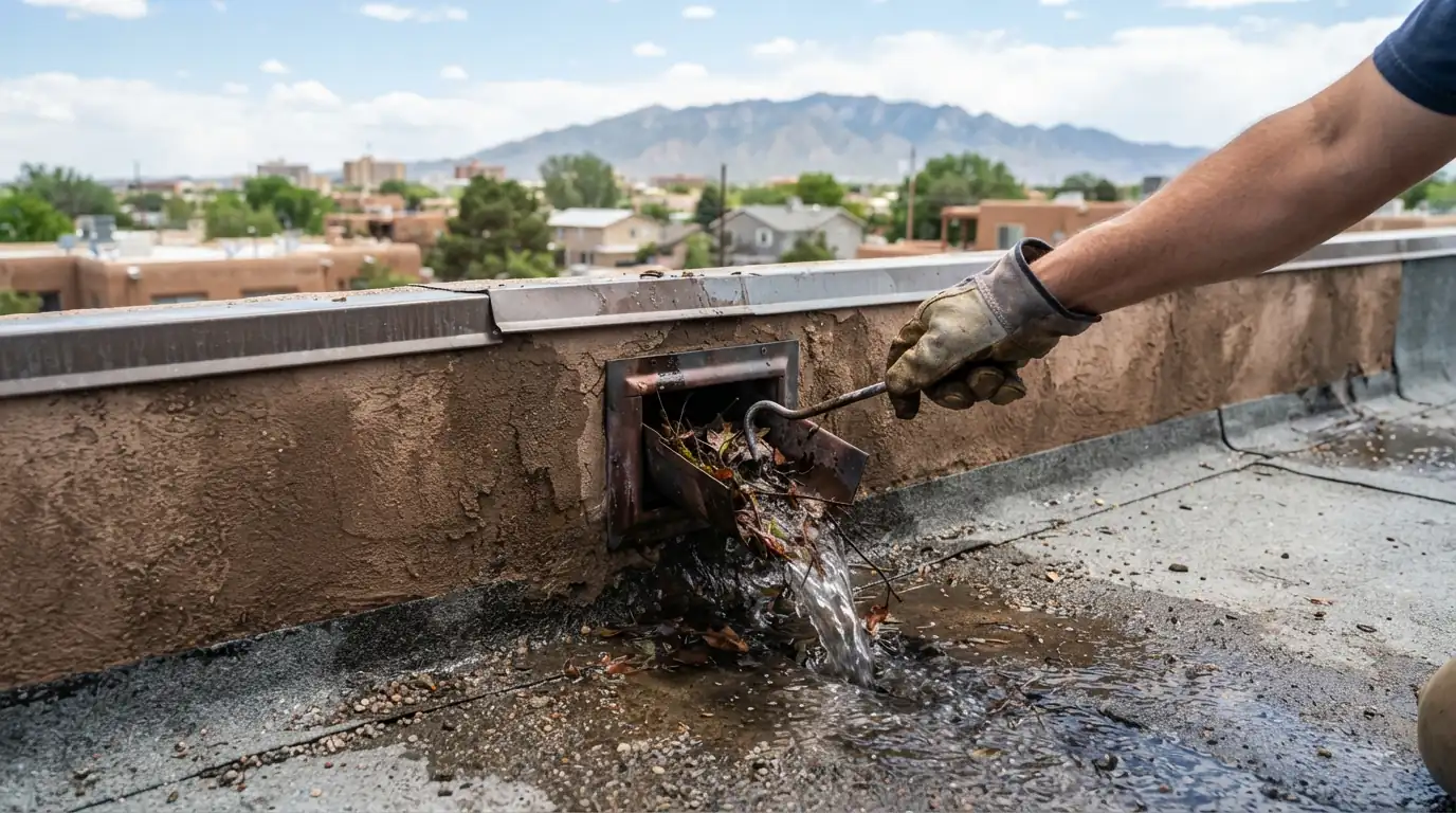 Roof drain and overflow clearing on a roof in Albuquerque, NM