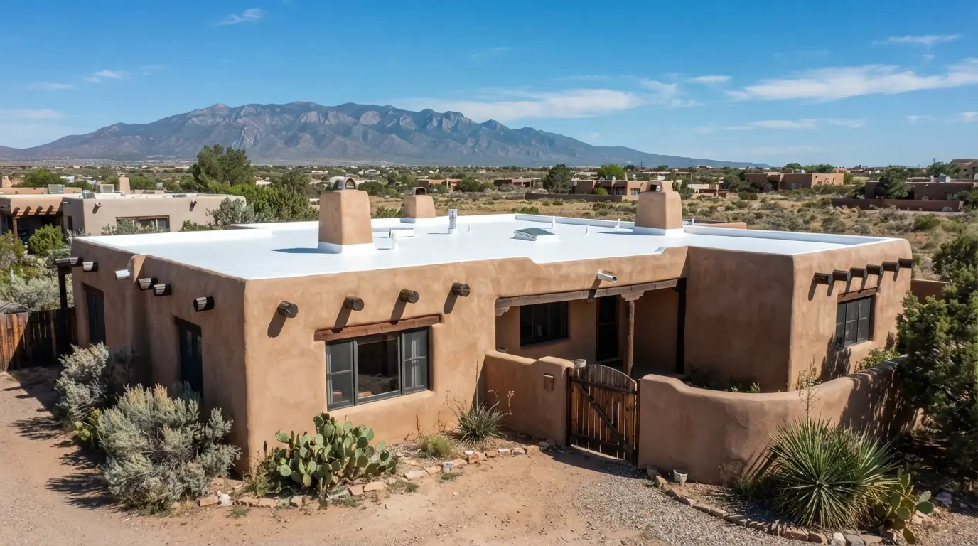 Spray foam roof with silicone topcoat on an adobe home in Albuquerque
