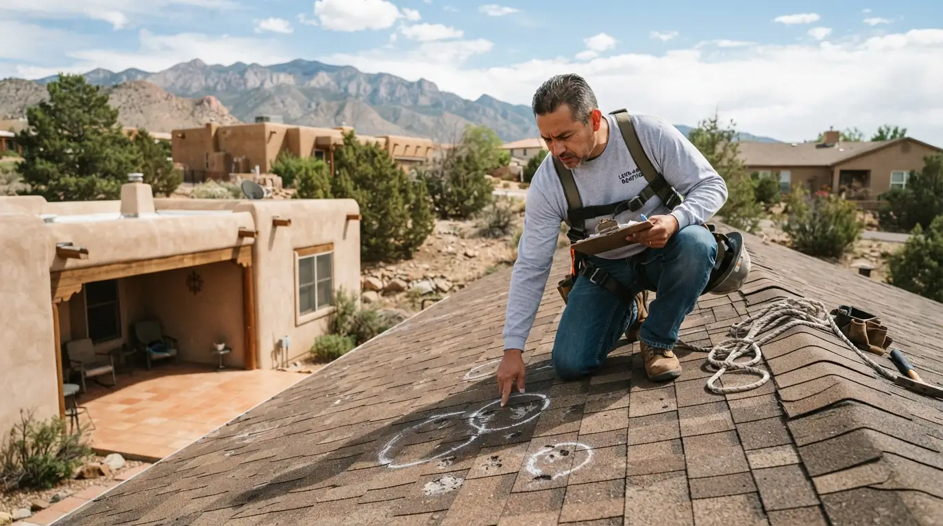 Roof inspector photographing hail damage for a claim