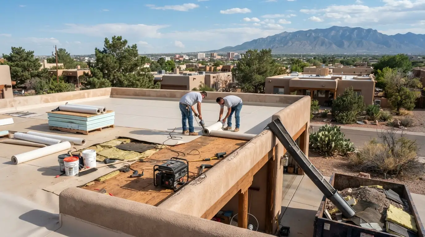 Tapered insulation boards laid out on a flat roof deck