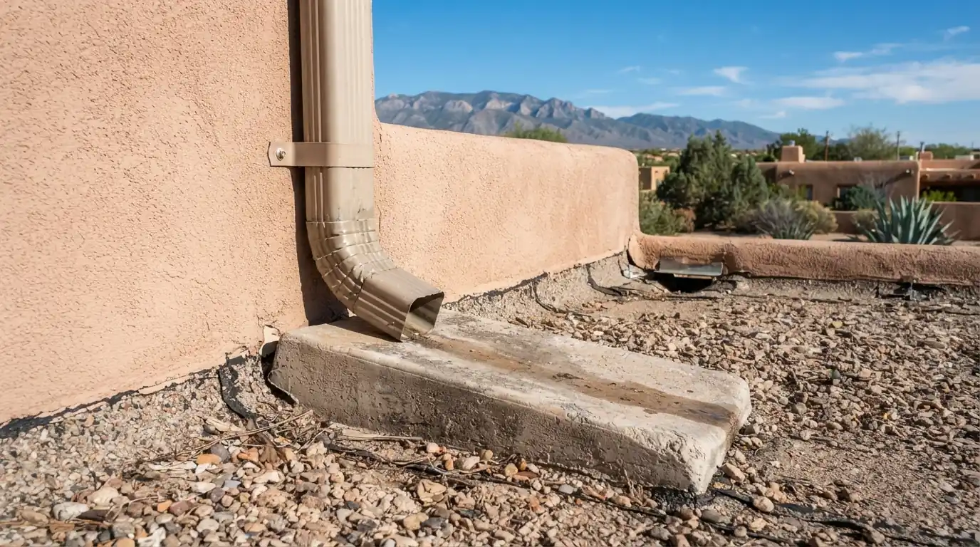 Downspout and splash block routing on a roof in Albuquerque, NM