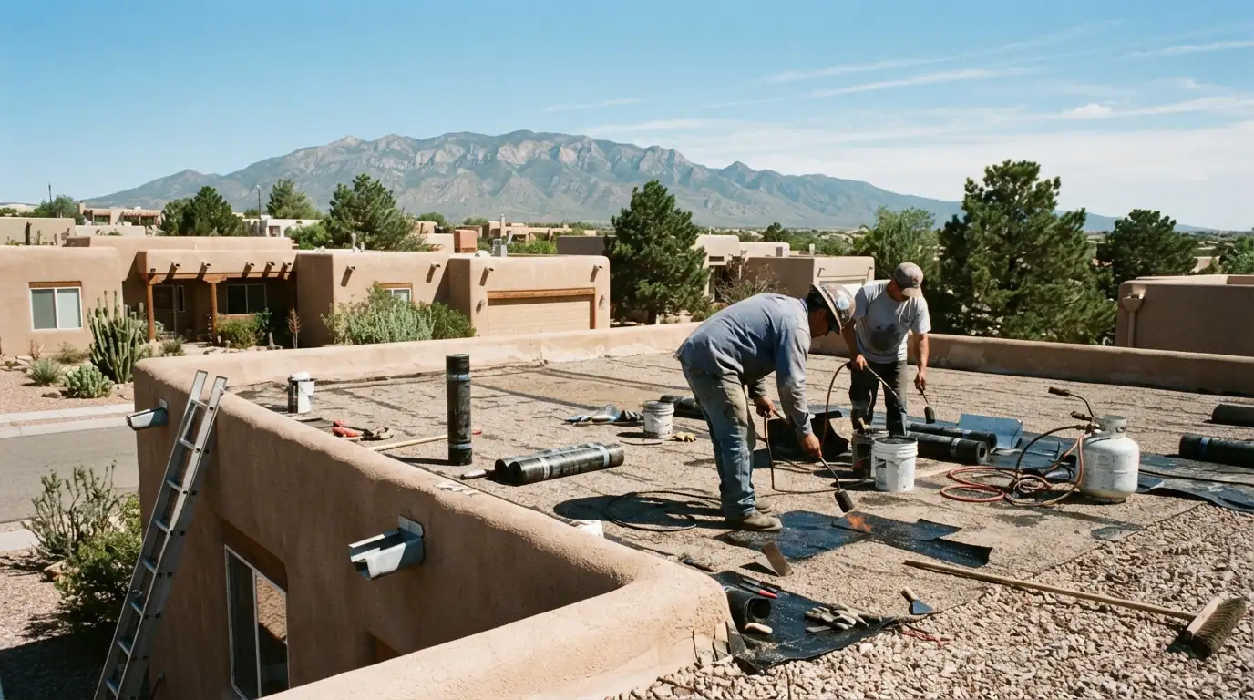 Roofer repairing a seam on a flat roof in Albuquerque