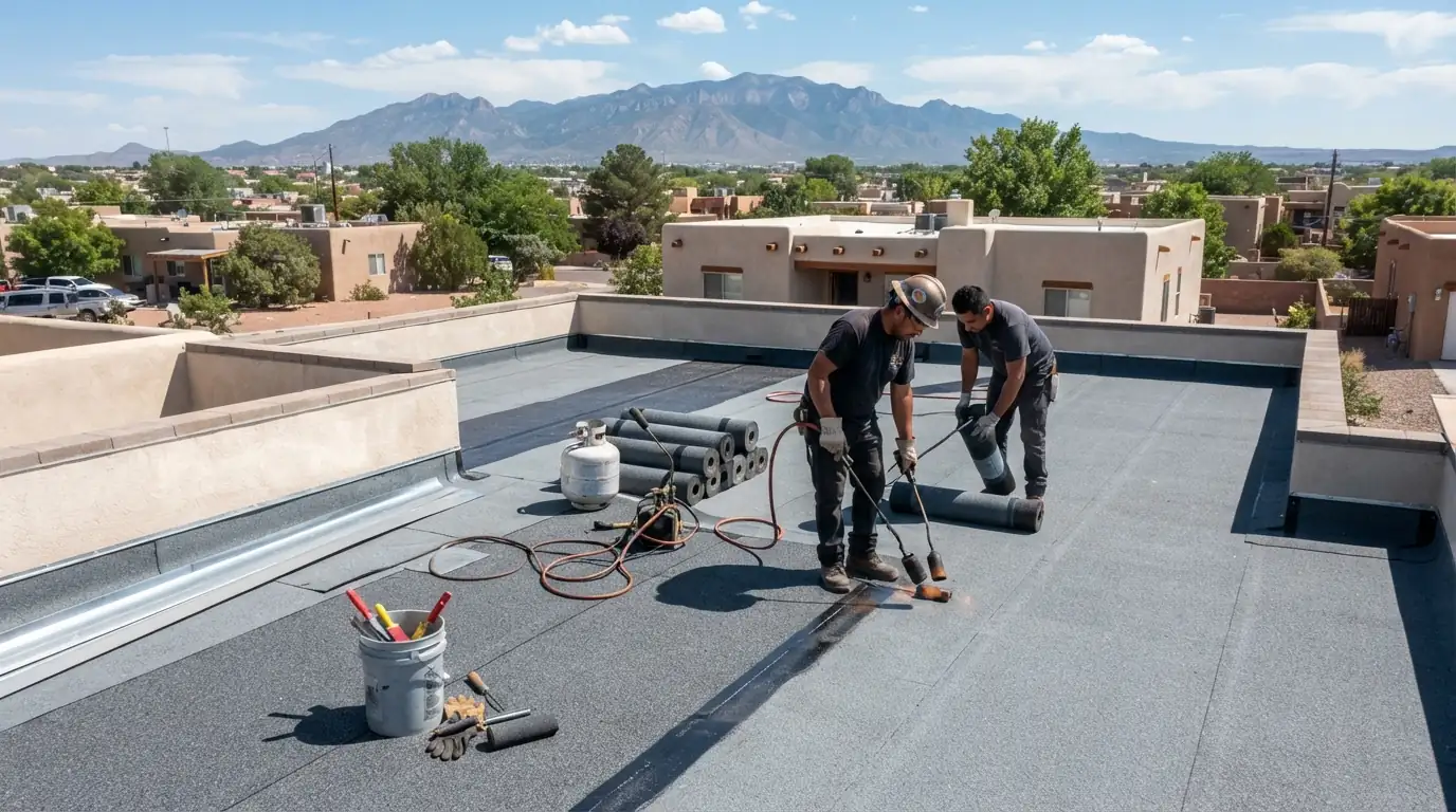 Torch-down modified bitumen cap sheet on an Albuquerque flat roof